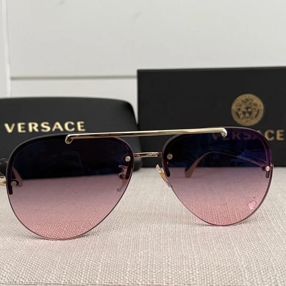 NWT - Versace Gold Frame Aviator Sunglasses with Purple-Rose Gradient Lenses - Picture 6 of 7